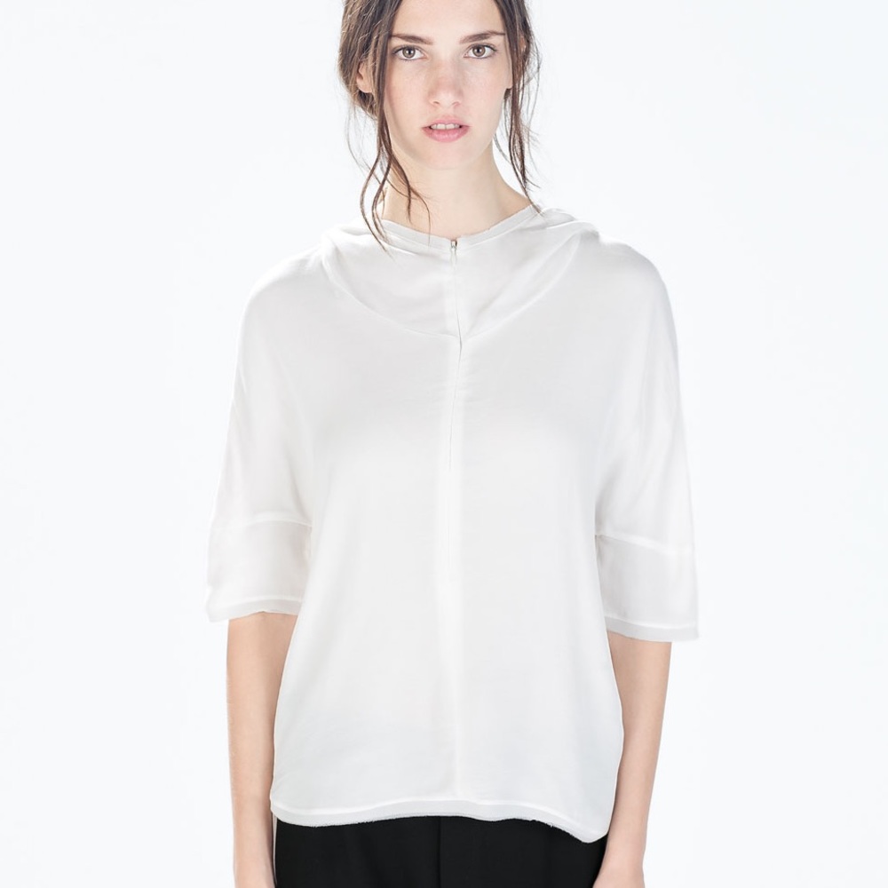 🤍 ZARA White Hooded Shirt sz Medium